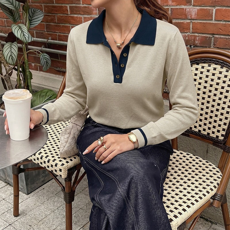 Light Khaki Polo Sweater with Navy Contrast Collar, Fine Knit Jumper