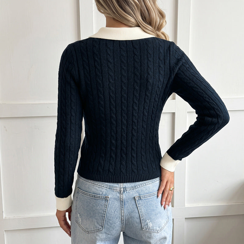 Navy Blue Cable Sweater with Contrast Shirt Collar, Slim Knit Jumper