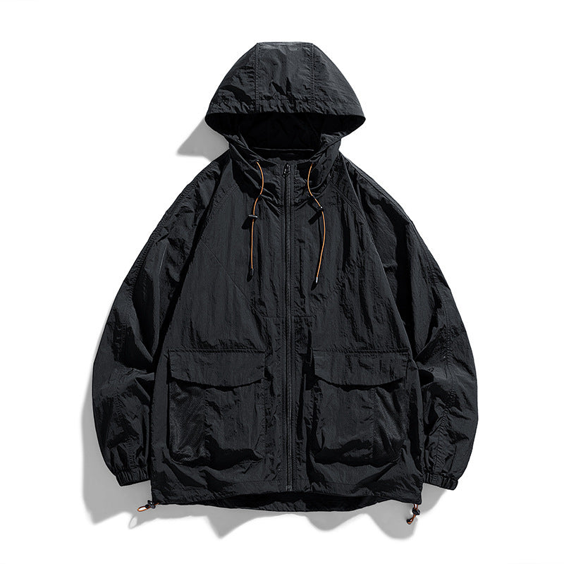 Lightweight Hooded Nylon Jacket with Flap Pockets, Oversized Fit