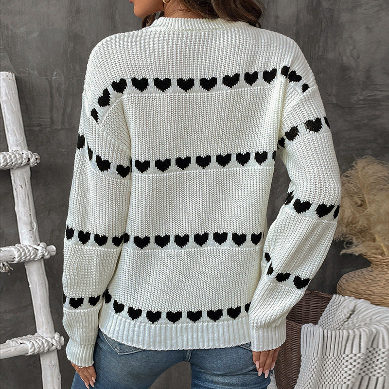 Heart Pattern Knit Sweater, Crew Neck Women's Jumper