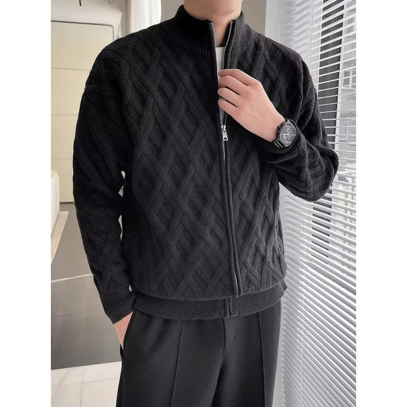 Men's Zip-Up Cardigan with Lattice Knit, Stand Collar Sweater Jacket