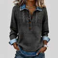 Knit-Look Half-Button Pullover with Denim-Look Collar and Cuffs