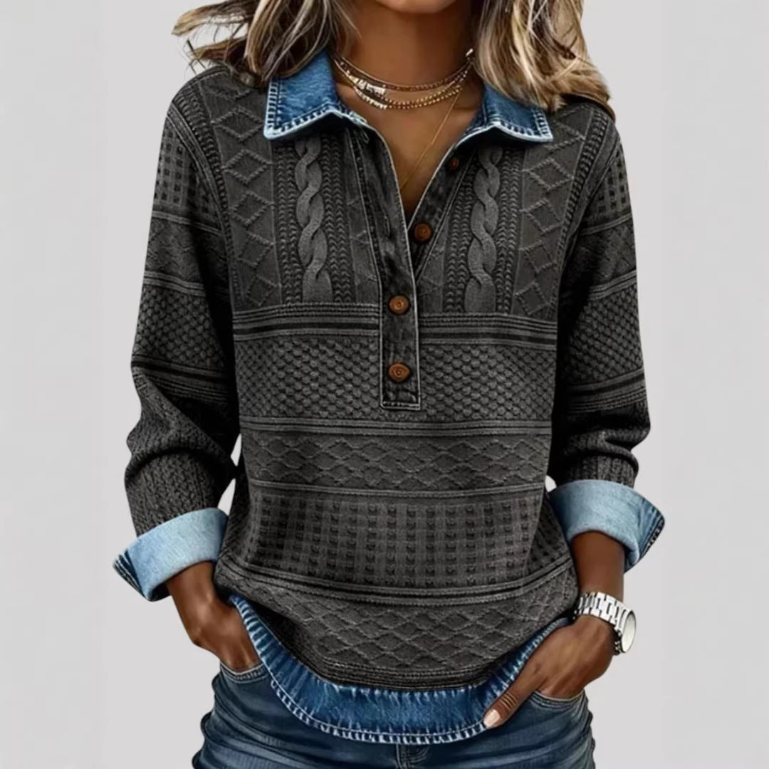 Knit-Look Half-Button Pullover with Denim-Look Collar and Cuffs