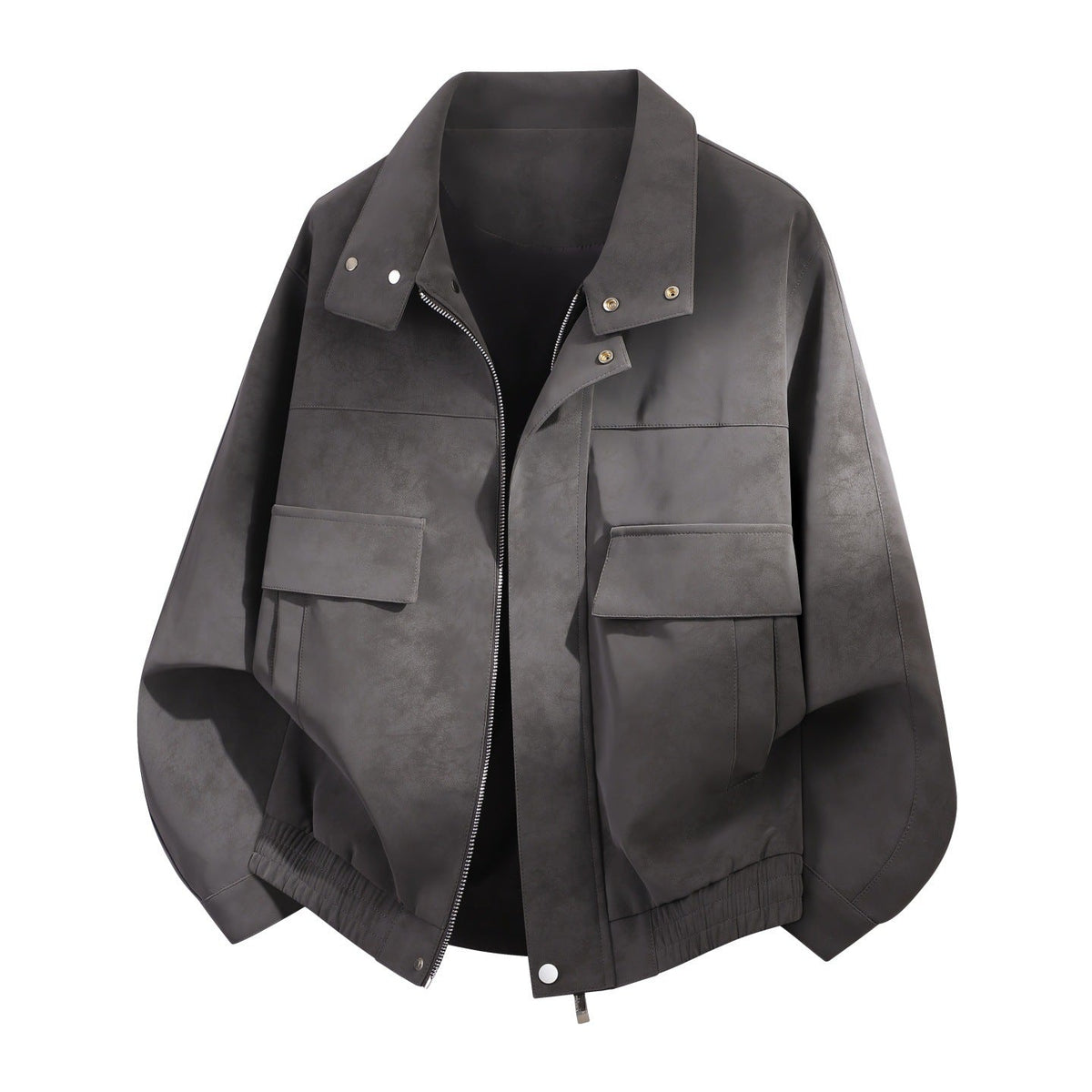 Oversized Suede-Look Jacket with Flap Pockets and Snap Collar