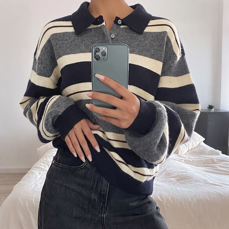 Striped Polo Collar Sweater with Button Placket, Relaxed Rugby Jumper