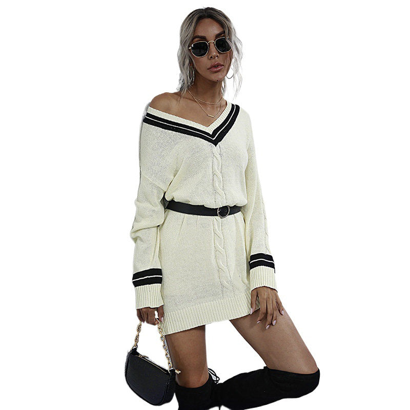 V-Neck Cable Knit Sweater Dress with Stripe Trim, Women's Jumper Dress