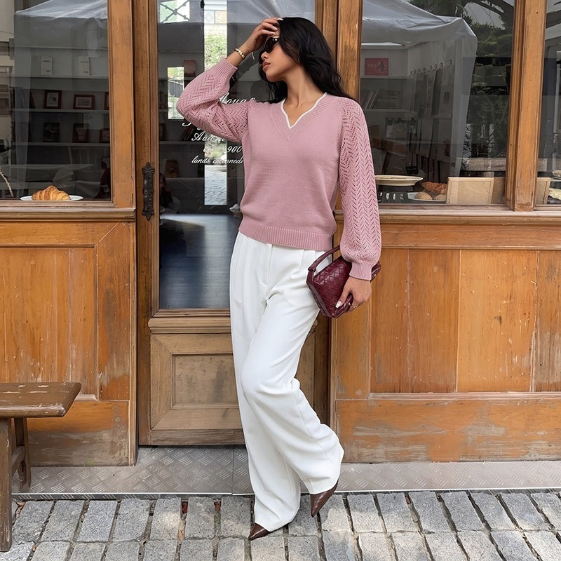 Pink V-Neck Sweater with Openwork Sleeves, White Trim, Women's Jumper
