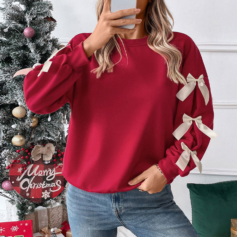 Bow Sleeve Sweatshirt with Satin Ribbon Bows, Women's Crew Neck