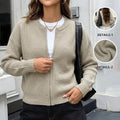 Khaki Zip-Front Knit Cardigan with Ribbed Crew Neck, Relaxed Bomber
