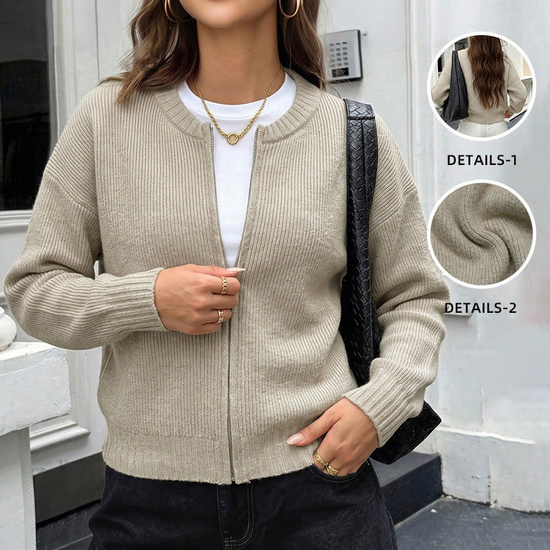 Khaki Zip-Front Knit Cardigan with Ribbed Crew Neck, Relaxed Bomber