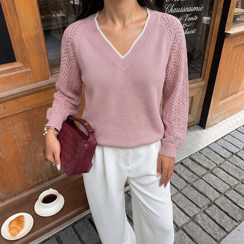 Pink V-Neck Sweater with Openwork Sleeves, White Trim, Women's Jumper