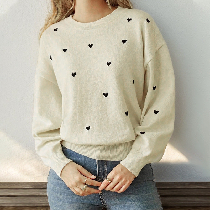 Light Beige Knit Sweater with Scattered Black Hearts, Women's Jumper