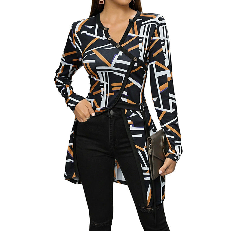 Geometric Print Tunic Top with Asymmetric Button Front and O-Ring