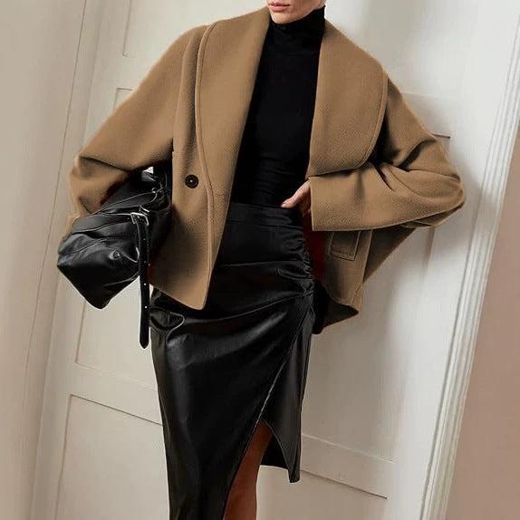 Cropped Shawl Collar Coat with Batwing Sleeves, Double-Breasted