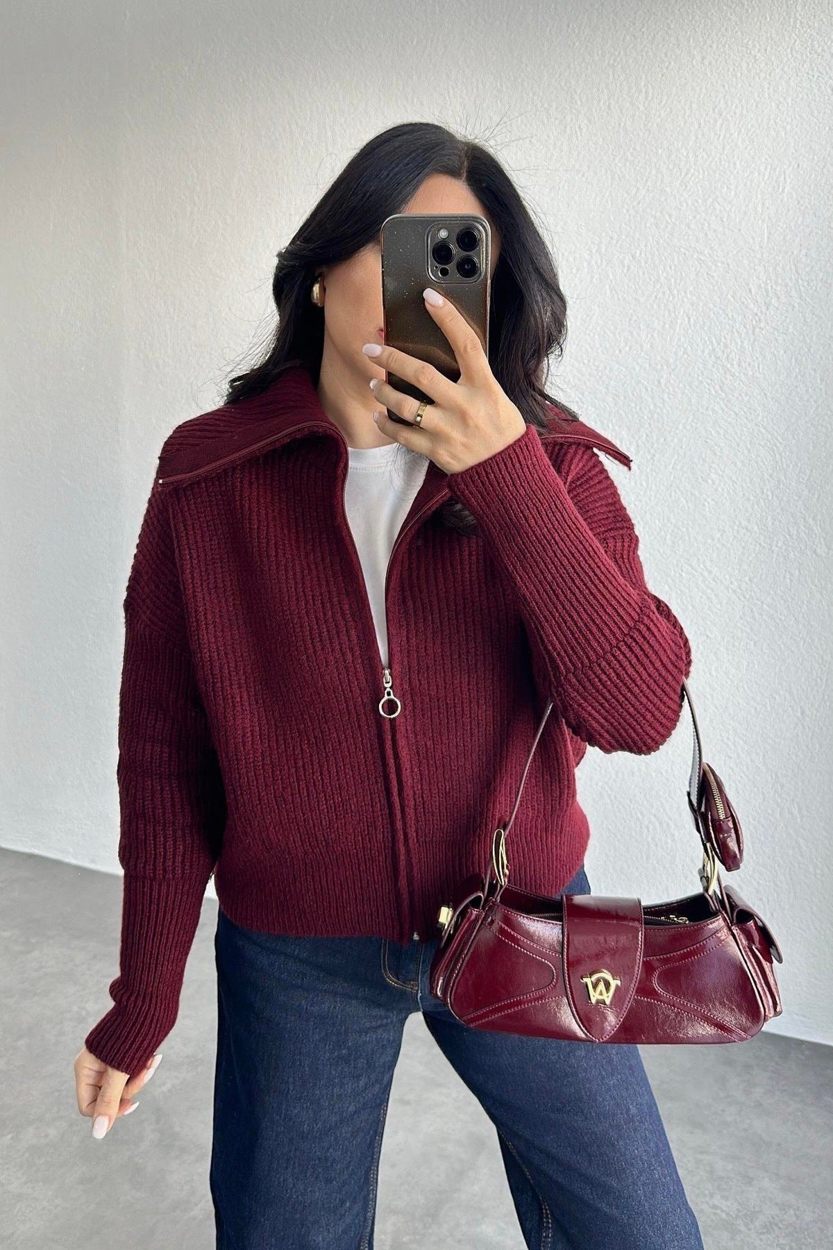 Zip-Up Rib Knit Cardigan with Oversized Collar, Cropped Fit