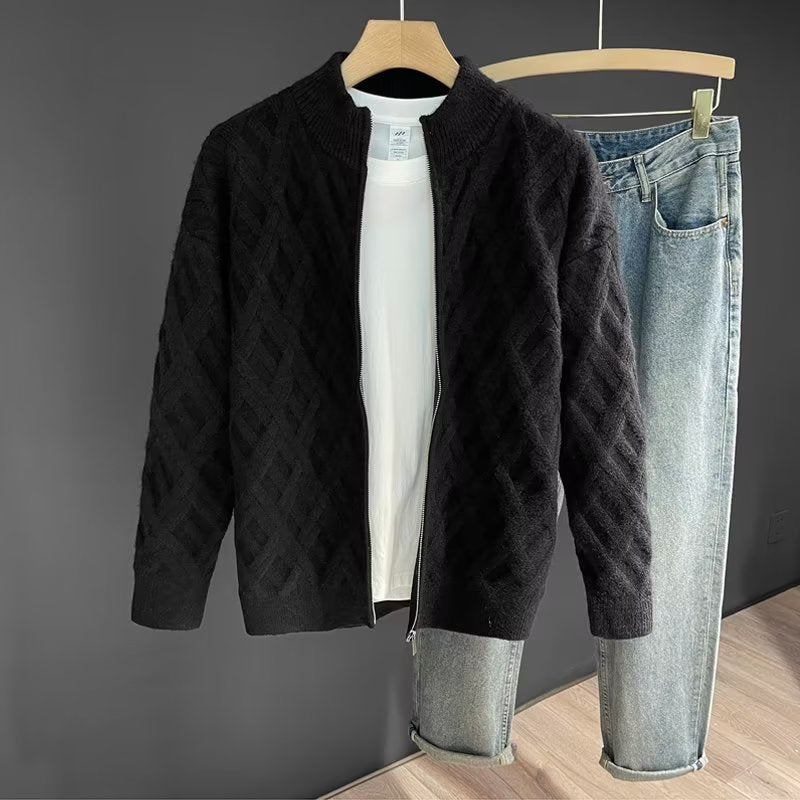 Men's Zip-Up Cardigan with Lattice Knit, Stand Collar Sweater Jacket