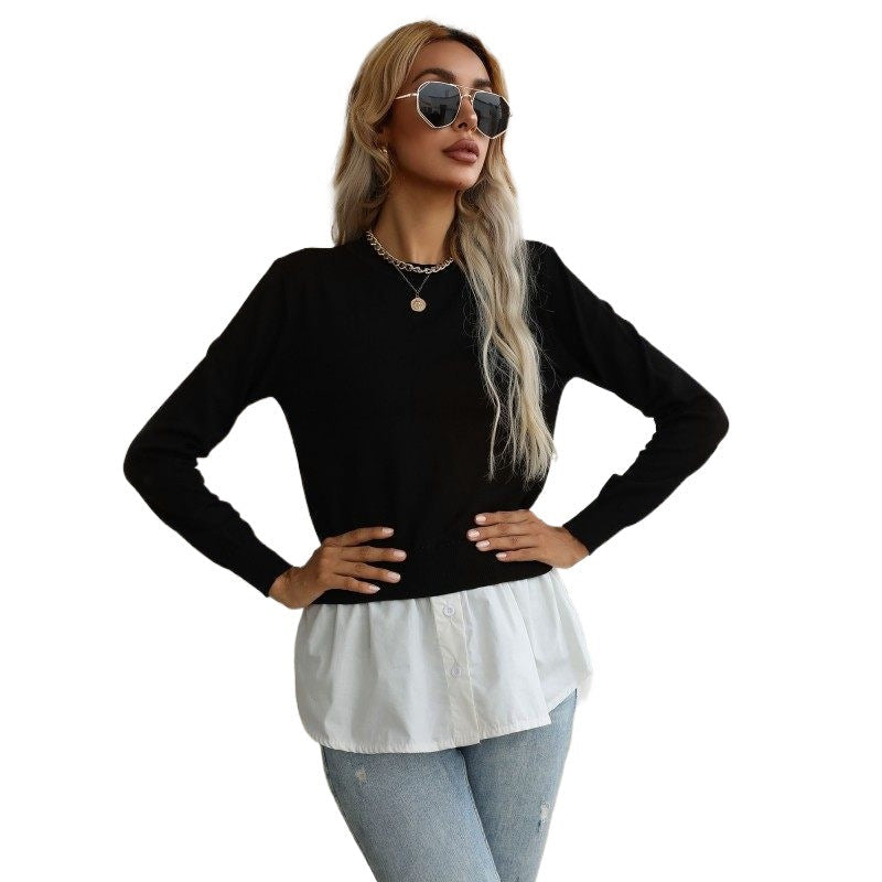 Shirt Hem Sweater with Crew Neck, 2-in-1 Layered Women's Jumper