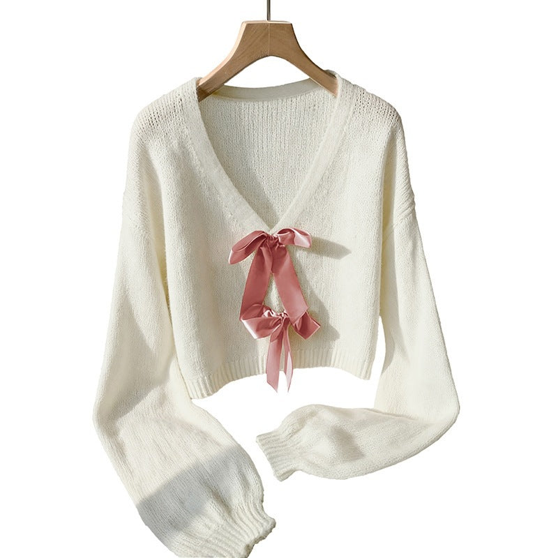 Ivory Cropped V-Neck Sweater with Satin Bows, Women's Jumper