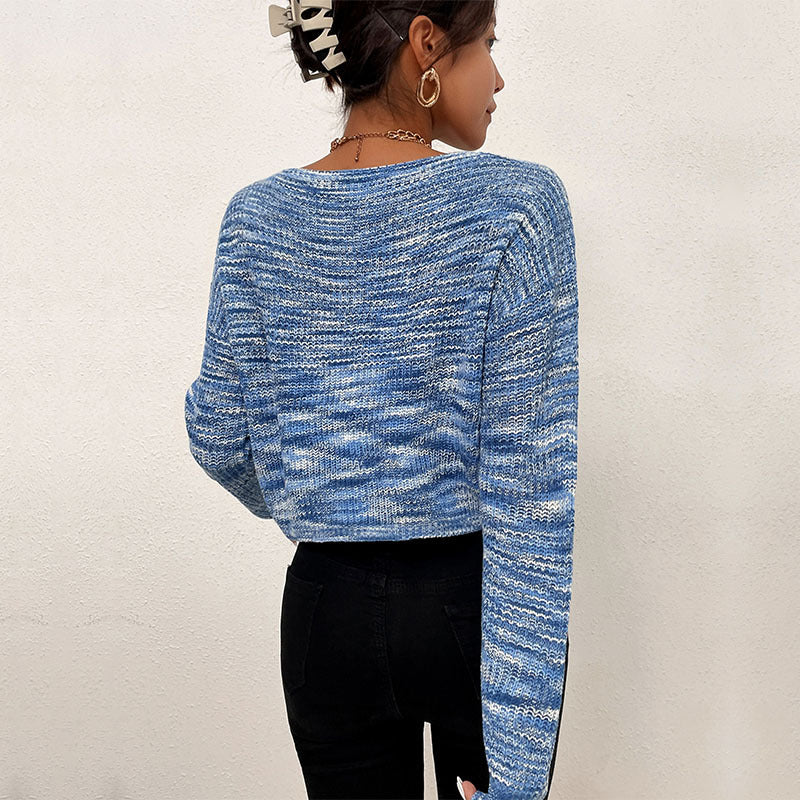 Blue Space-Dyed Cropped Sweater with Wide V-Neck, Loose Knit Jumper
