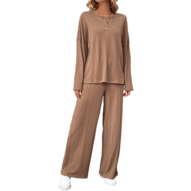 Knit Lounge Set with Henley Top and Wide-Leg Pants, Women's Trousers