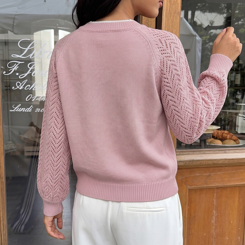 Pink V-Neck Sweater with Openwork Sleeves, White Trim, Women's Jumper