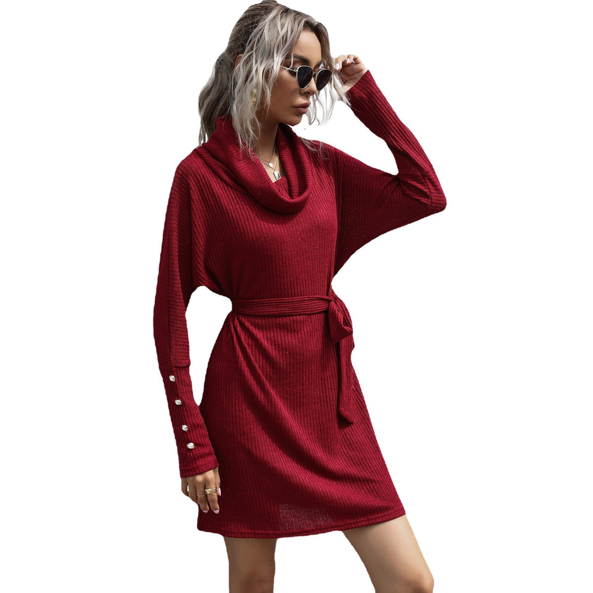 Cowl Neck Sweater Dress with Tie Belt, Batwing Sleeves, Jumper Dress