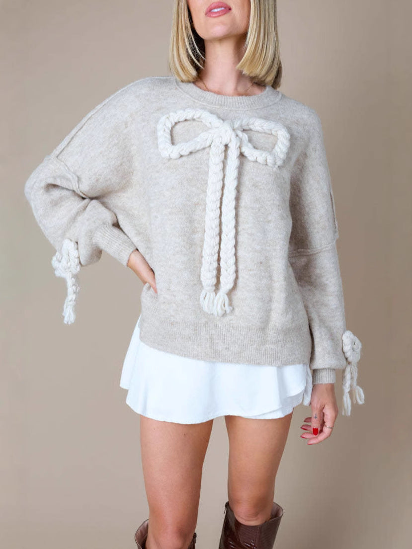 Braided Bow Knit Sweater with Tie Cuffs, Women's Jumper