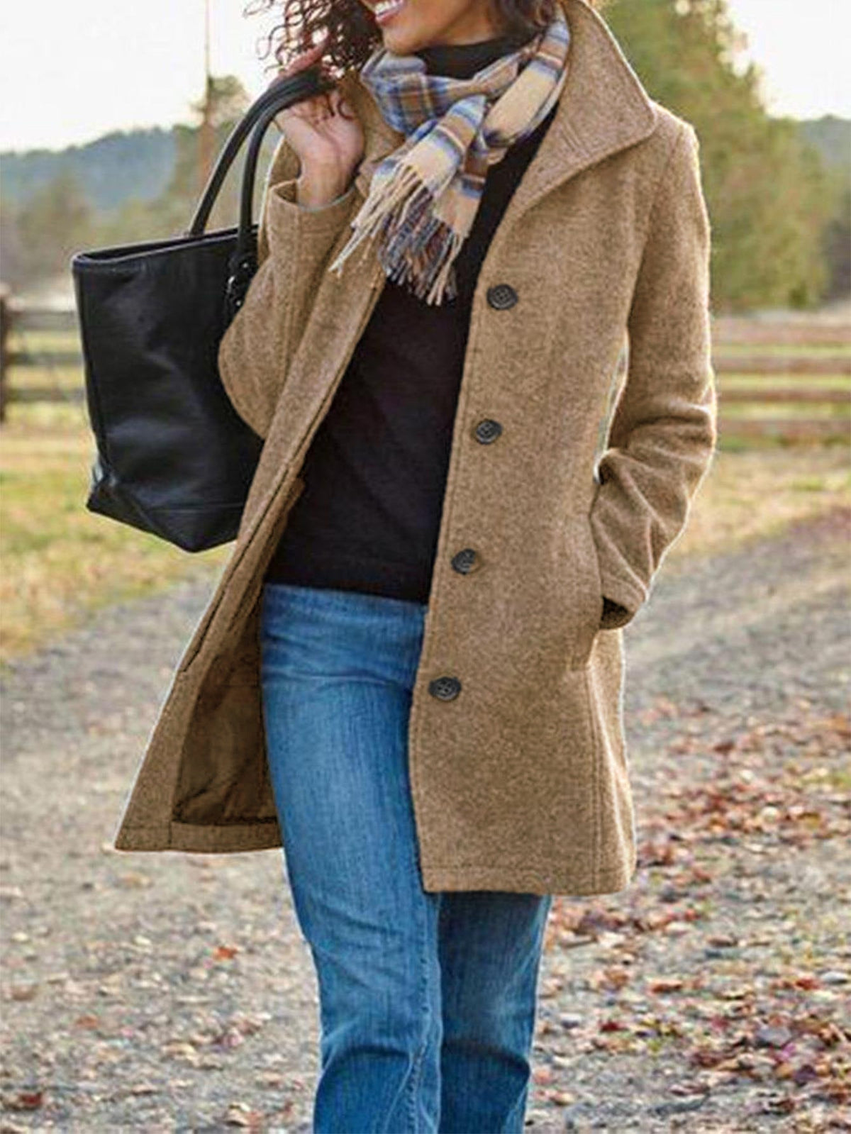 Mid-Length Single-Breasted Coat with Lapels and Side Pockets