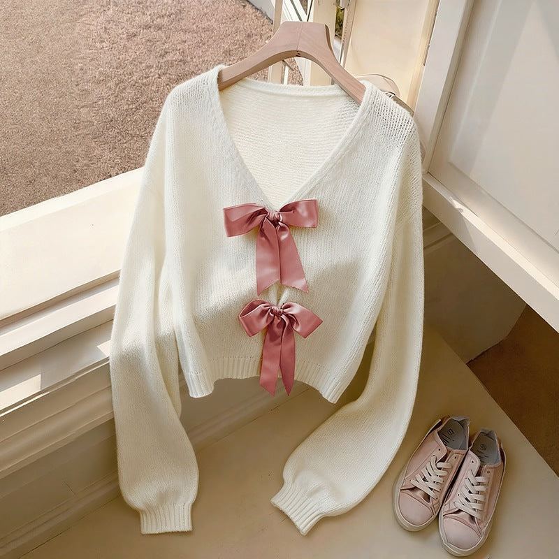 Ivory Cropped V-Neck Sweater with Satin Bows, Women's Jumper