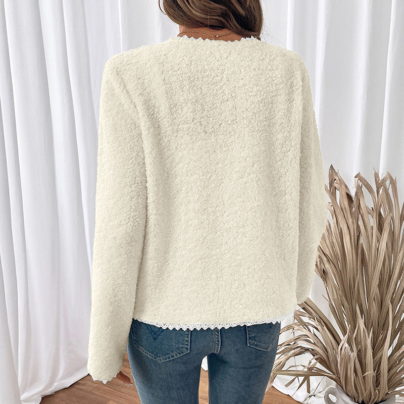 Off-White Fleece Cardigan Jacket with Lace Trim and Gold Buttons