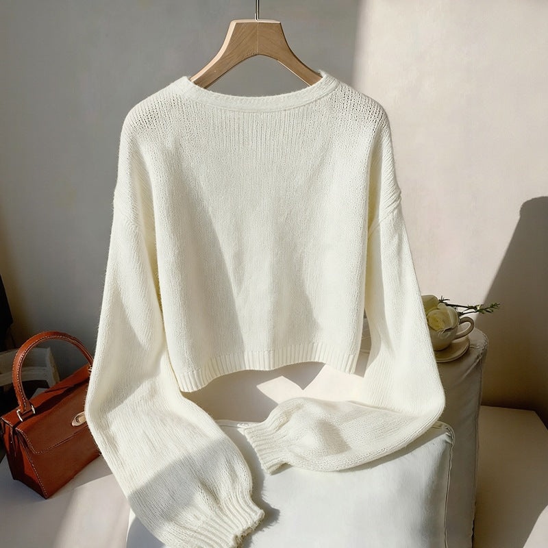 Ivory Cropped V-Neck Sweater with Satin Bows, Women's Jumper