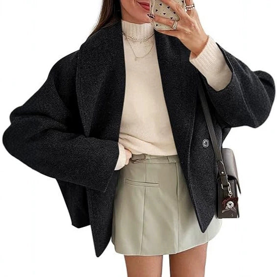 Cropped Shawl Collar Coat with Batwing Sleeves, Double-Breasted