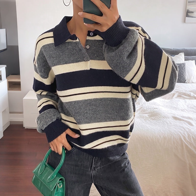 Striped Polo Collar Sweater with Button Placket, Relaxed Rugby Jumper
