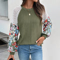 Ribbed Knit Top with Floral Sleeves and Lace Shoulders, Olive Green