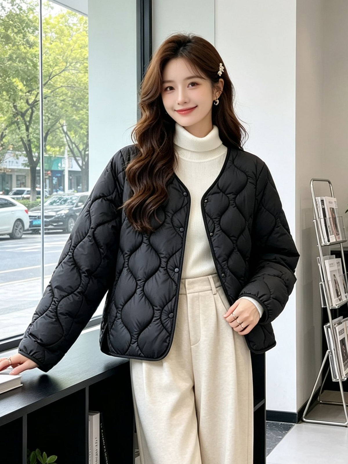 Lightweight Quilted Jacket with Press Studs, Collarless V-Neck