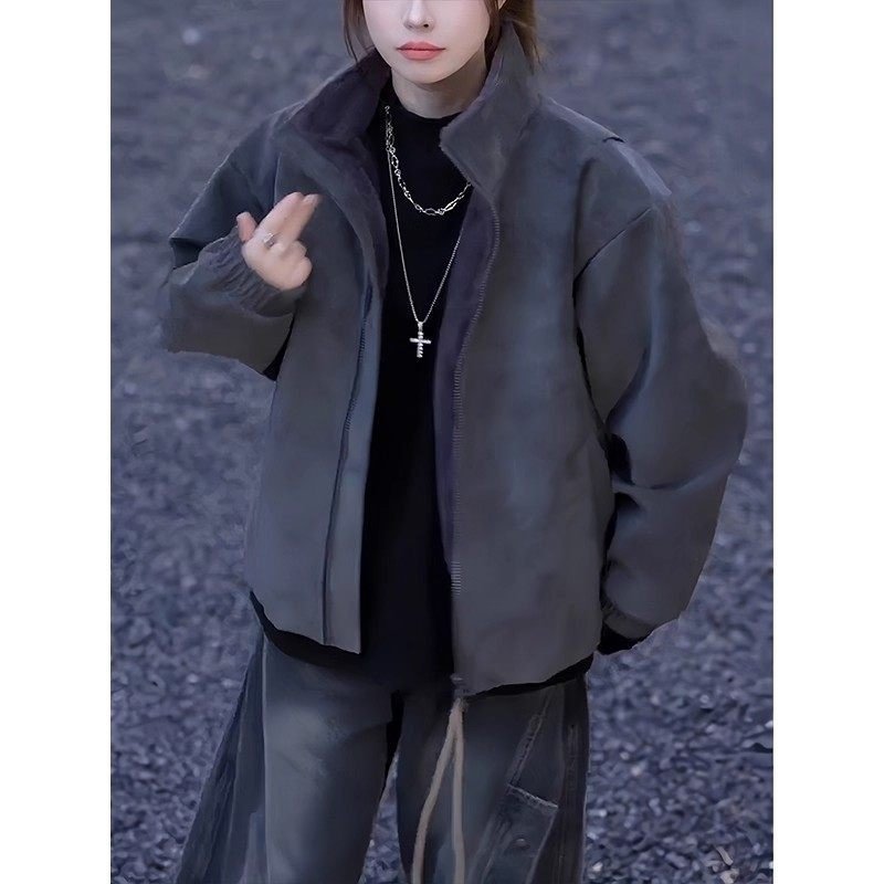 Oversized Faux Suede Jacket with Stand Collar and Zip Pockets