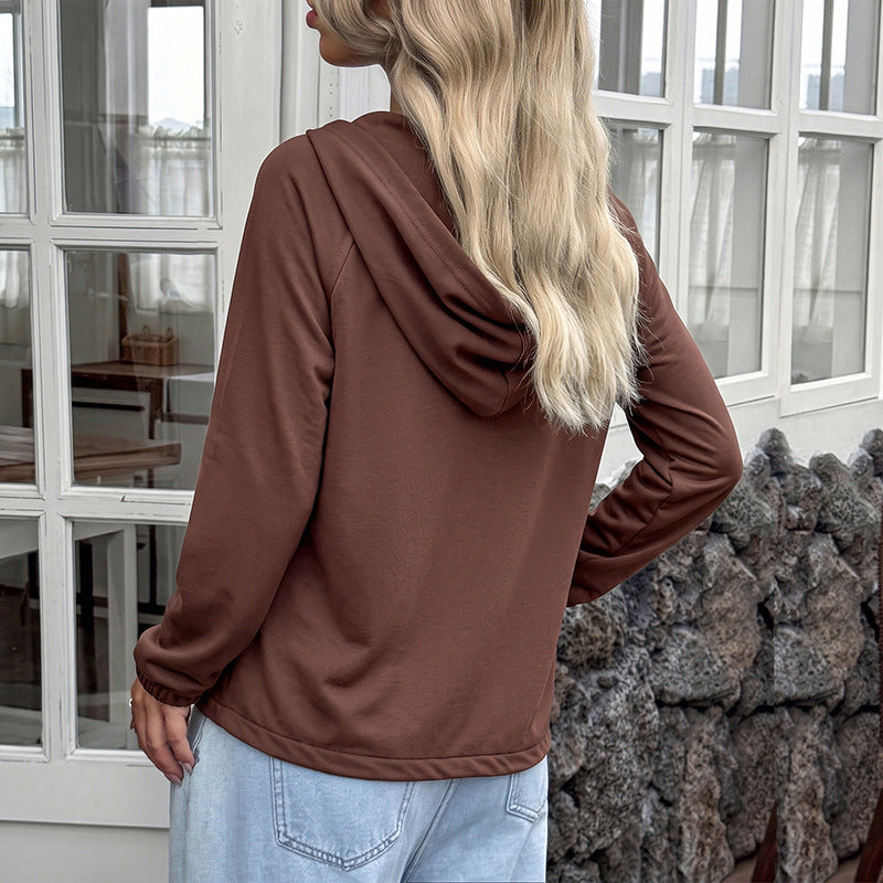 Button Placket Hoodie with Raglan Sleeves, Women's Hooded Sweatshirt
