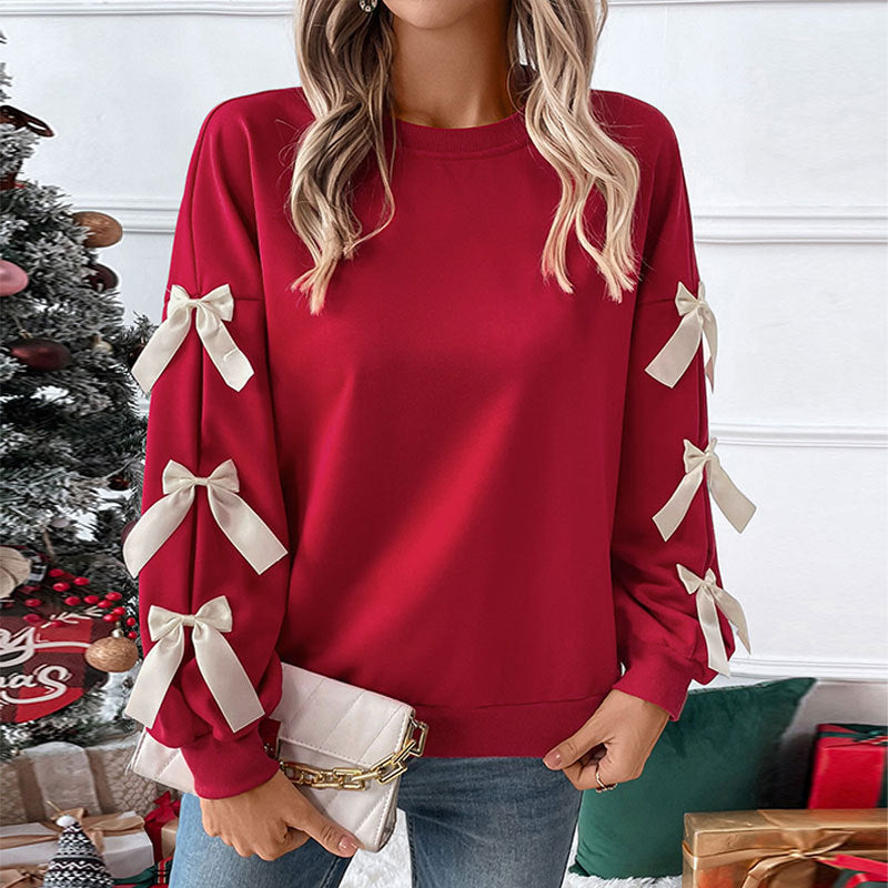 Bow Sleeve Sweatshirt with Satin Ribbon Bows, Women's Crew Neck