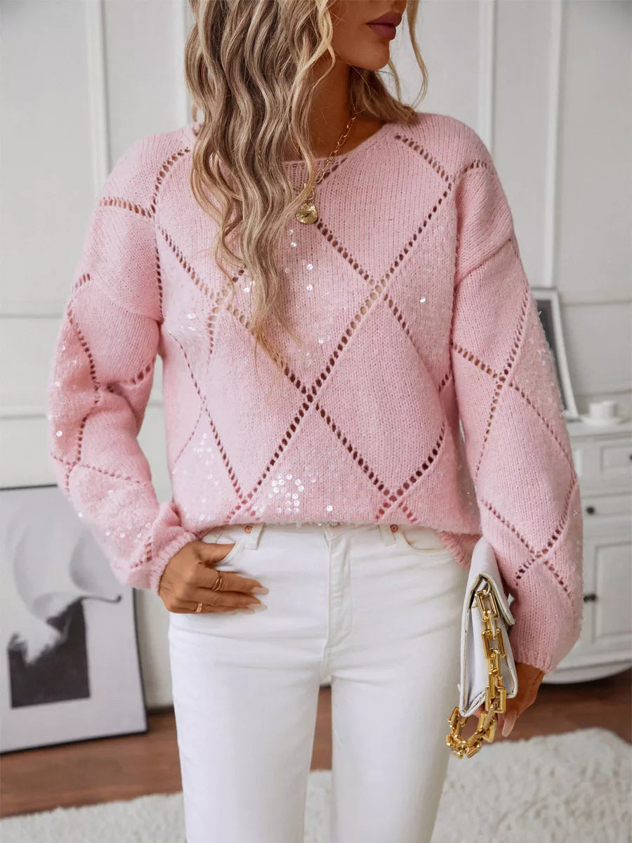 Sequin Argyle Sweater with Pointelle Diamonds, Women's Jumper