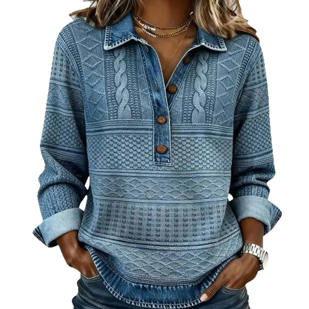 Knit-Look Half-Button Pullover with Denim-Look Collar and Cuffs