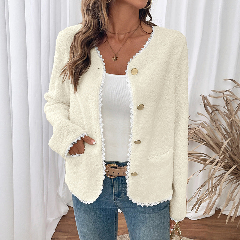 Off-White Fleece Cardigan Jacket with Lace Trim and Gold Buttons