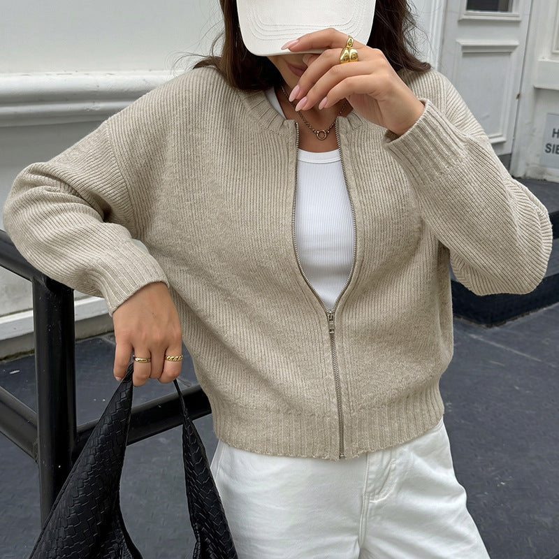 Khaki Zip-Front Knit Cardigan with Ribbed Crew Neck, Relaxed Bomber