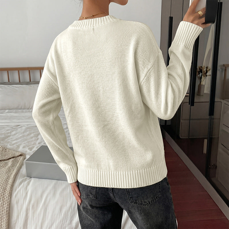 Off-White Bow Jacquard Sweater with Crew Neck, Relaxed Knit Jumper