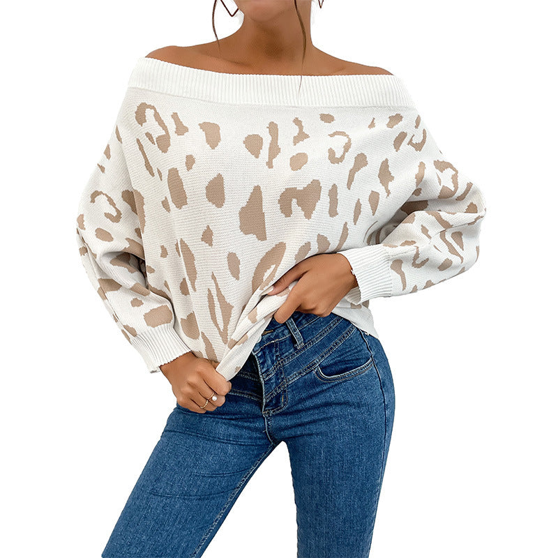 Off-Shoulder Leopard Knit Sweater, Batwing Women's Jumper