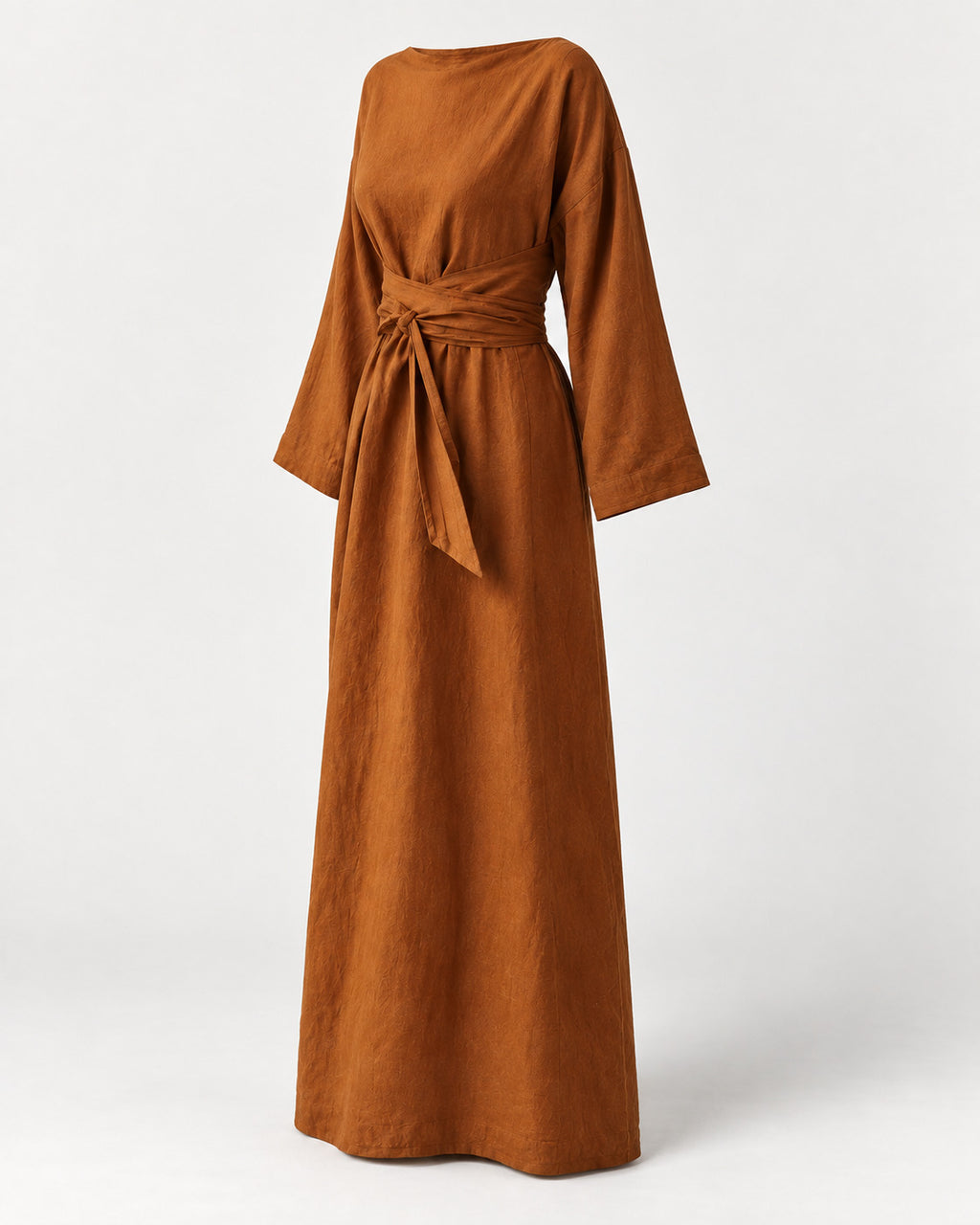 Linen Maxi Dress With a Wide Neckline and Wraparound Waist Ties