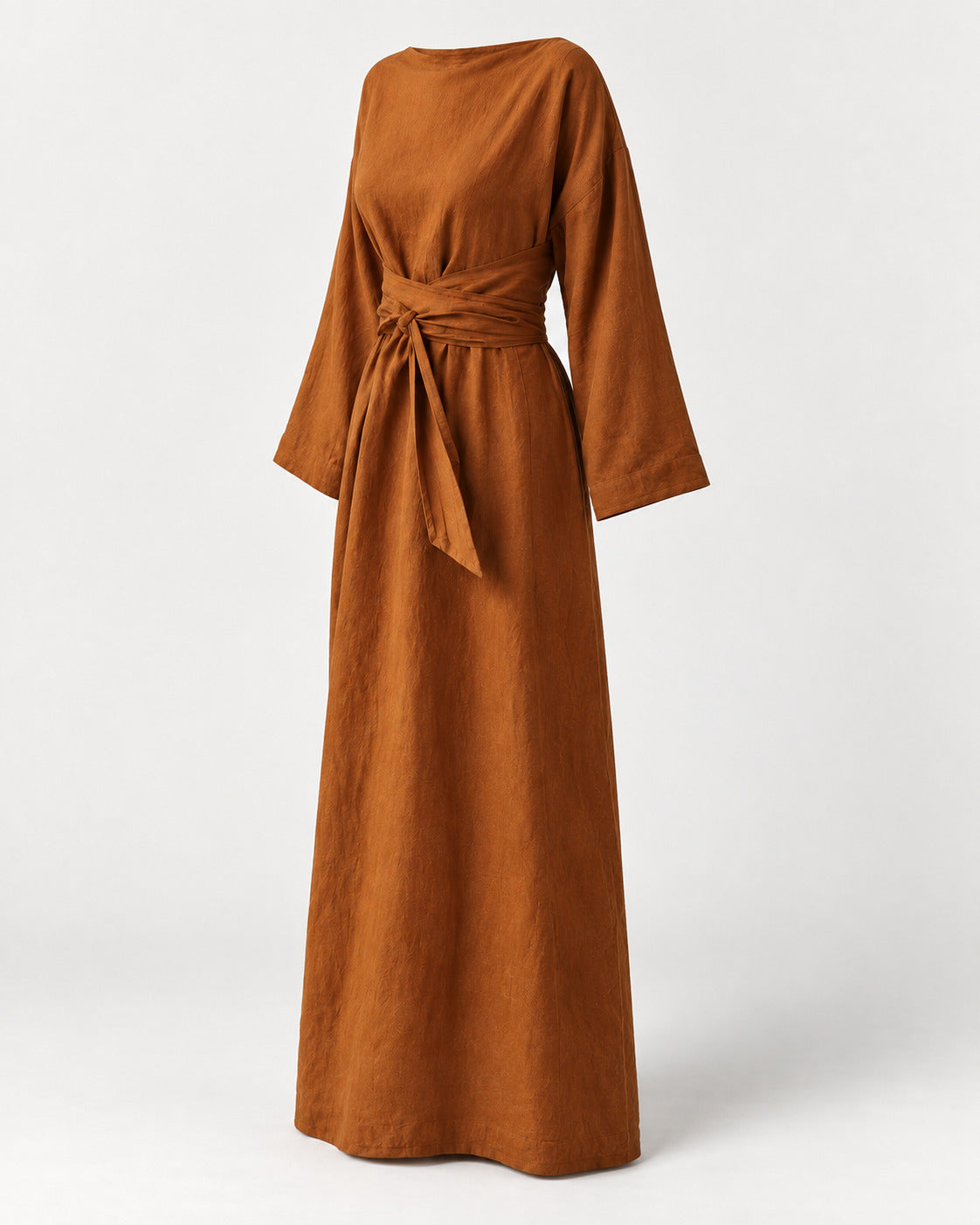 Linen Maxi Dress With a Wide Neckline and Wraparound Waist Ties