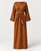 Linen Maxi Dress With a Wide Neckline and Wraparound Waist Ties