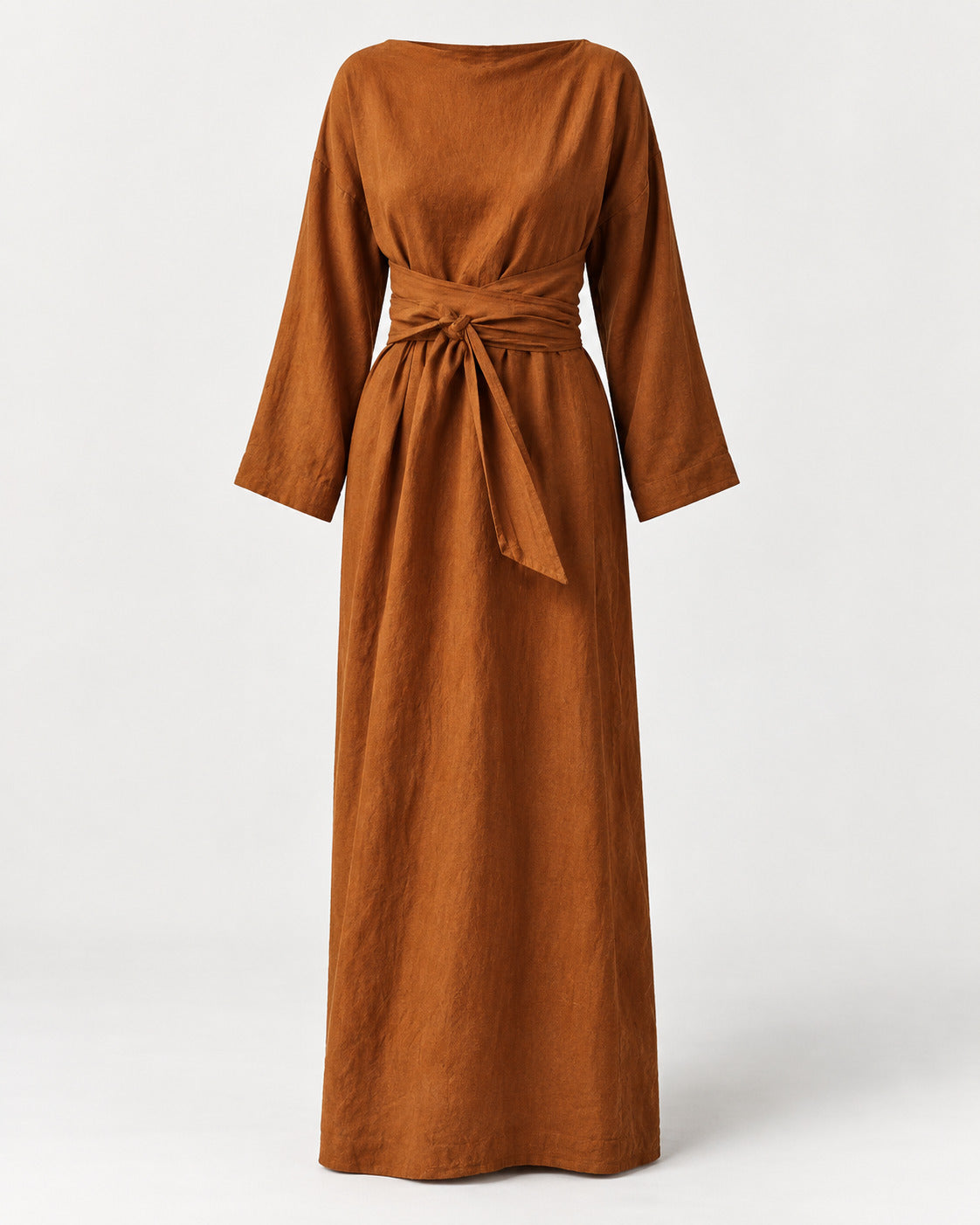 Linen Maxi Dress With a Wide Neckline and Wraparound Waist Ties