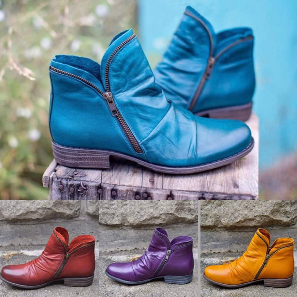 Navajo ankle boots shown in blue, red, purple and yellow.