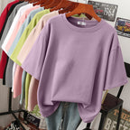 Muted purple T-shirt with loose short sleeves.